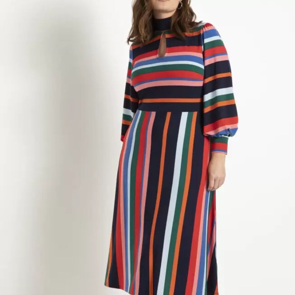A-line rainbow stripe dress with Puff Sleeves NWOT